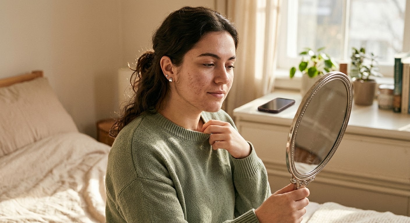Young woman examining her skin in a hand mirror