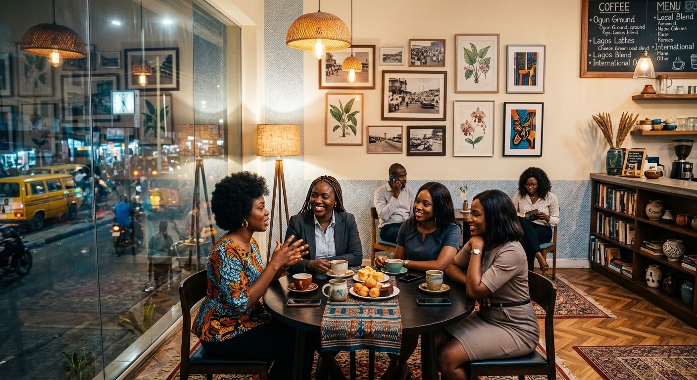 Amara and Feyi talking over coffee