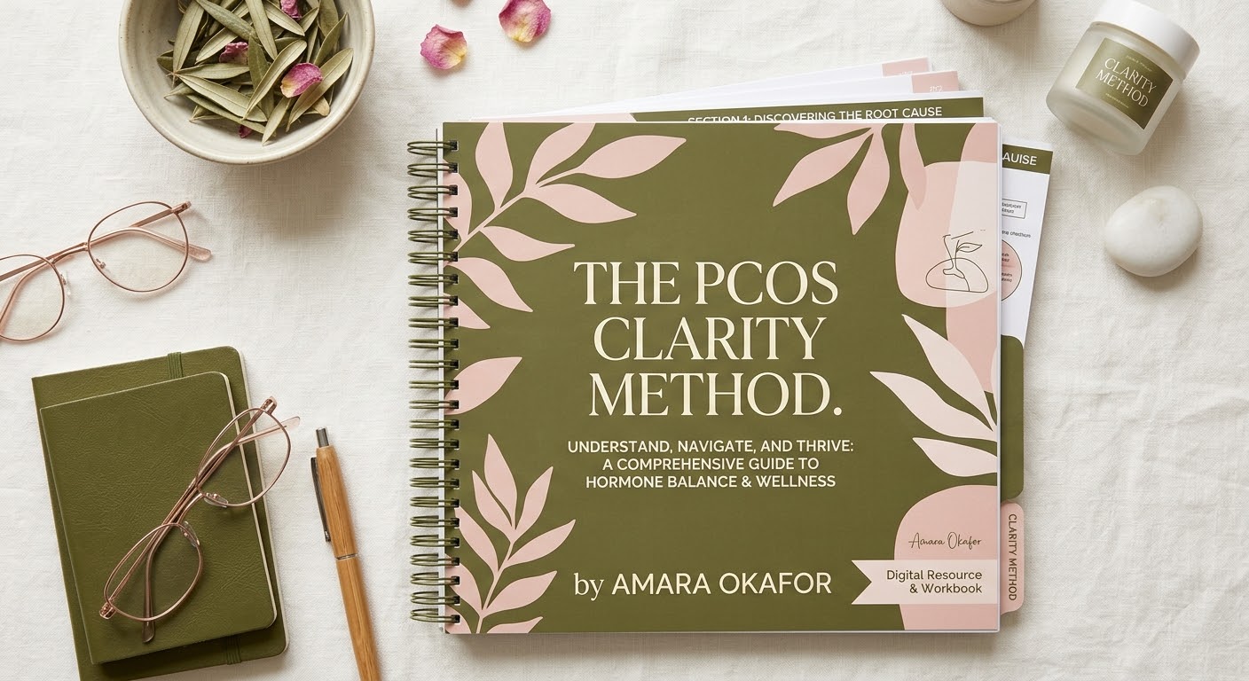 Flat lay of The PCOS Clarity Method ebook and tracker