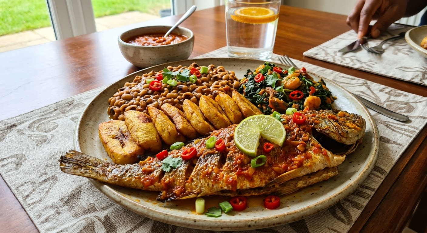 Plated Nigerian PCOS-friendly meal — fish, beans, plantain, greens